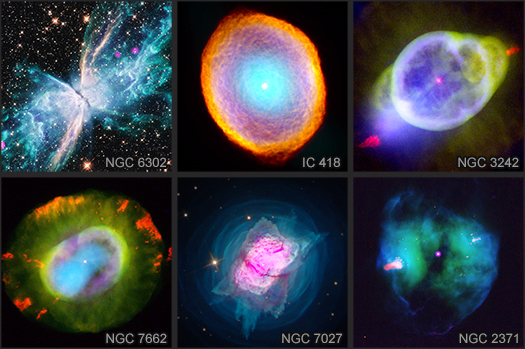 Image of six different planetary nebulas