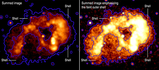 Two images side by side. The image on the left emphasizes the bright X-ray ring, and the image on the right shows the same data but emphasizing the faintest X-rays. The shell is located in between the two contour levels, and is labeled.