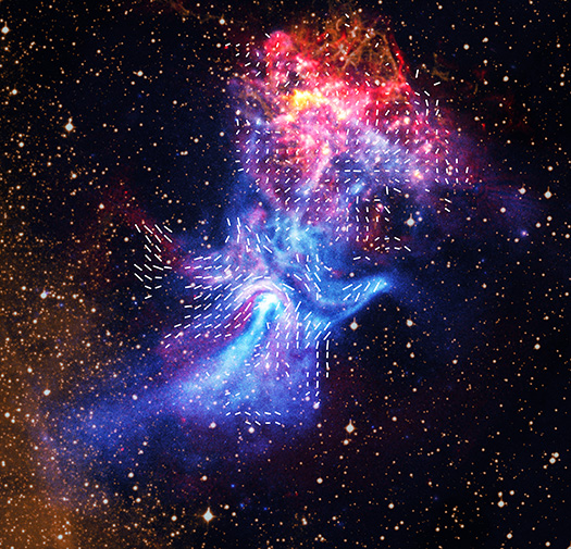 Radio data from ATCA reveals complex filaments that are aligned with the directions of the nebula’s magnetic field, shown with illustrated short straight lines.