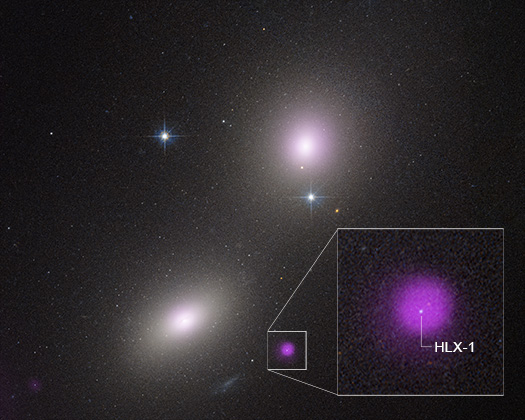 Two elliptical galaxies at upper right and lower left appear as fuzzy white ovals. At bottom center is a fuzzy purple blob outlined by a white box. White lines angle outward from the corners of the box to a blow-up of the purple blob. At the center is a white dot labeled HLX-1. The main image also has two bright stars with prominent diffraction spikes. The background of space is black.