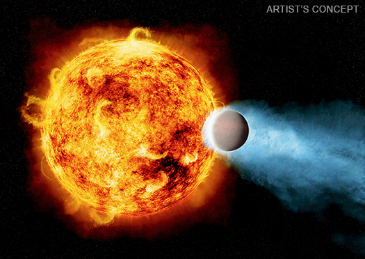An illustration of X-rays and other high energy radiation from a young Sun-like star eroding some of the atmosphere of an orbiting planet.