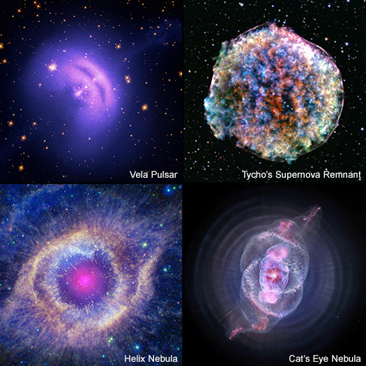 Image of Vela Pulsar, Tycho’s Supernova Remnant, Helix Nebula, and Cat’s Eye Nebula.