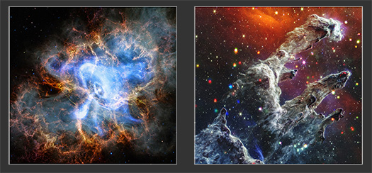 Image of the Crab Nebula next to an image of the Eagle Nebula